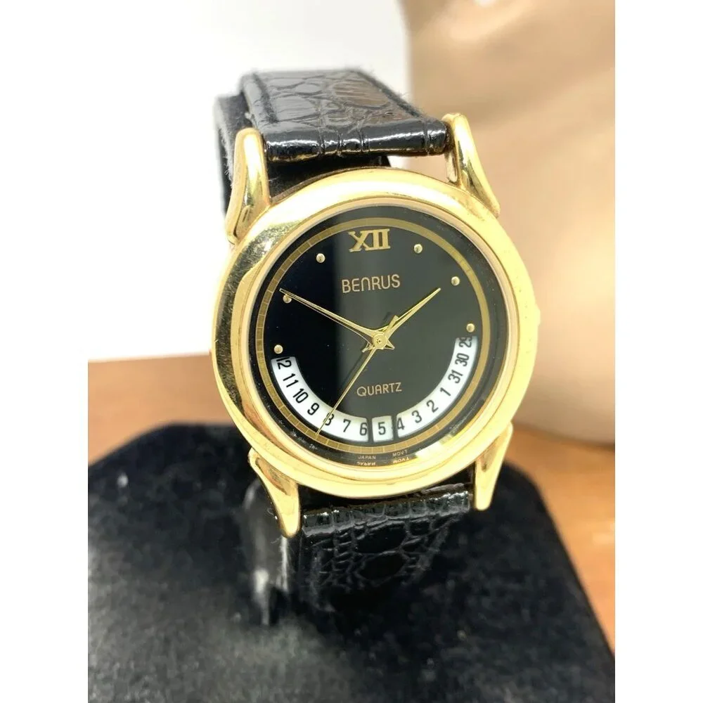 Benrus Women's Watch Quartz Vintage Black Dial Date Gold Leather Band 32mm